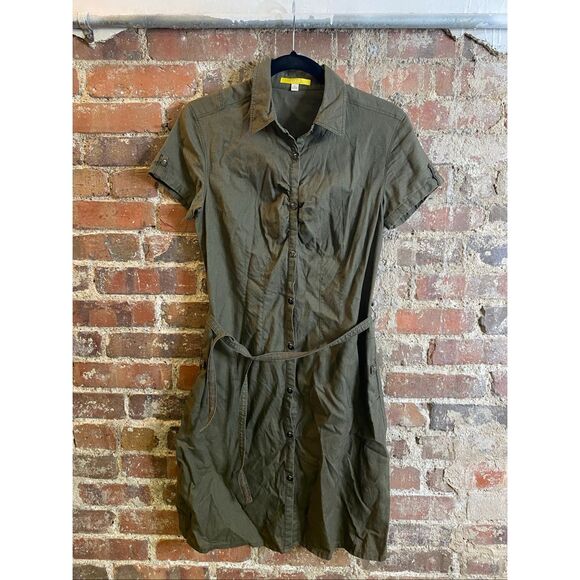 LOLË • Army Green Linen Cotton Blend Short Sleeve Belt Buttoned Utility Fashion - Picture 1 of 8
